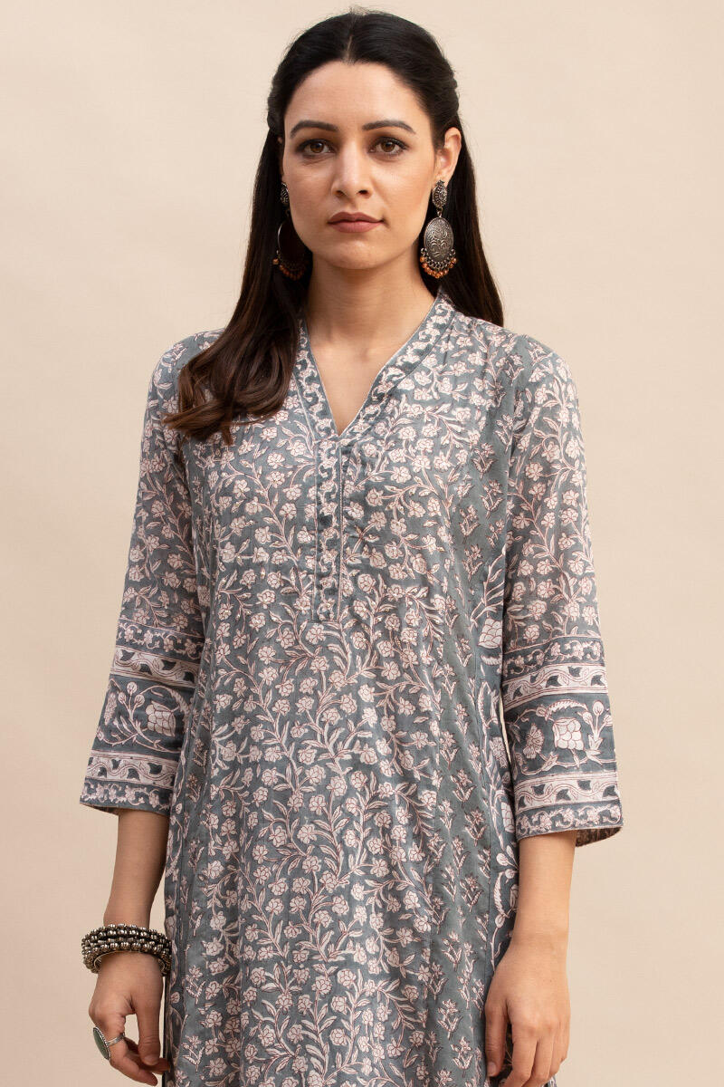 Grey Block Printed Straight Cotton Kurta