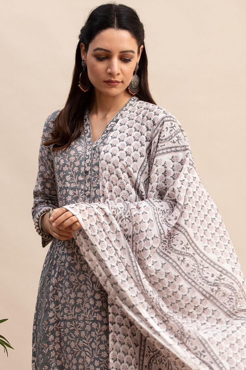 Grey Block Printed Straight Cotton Kurta