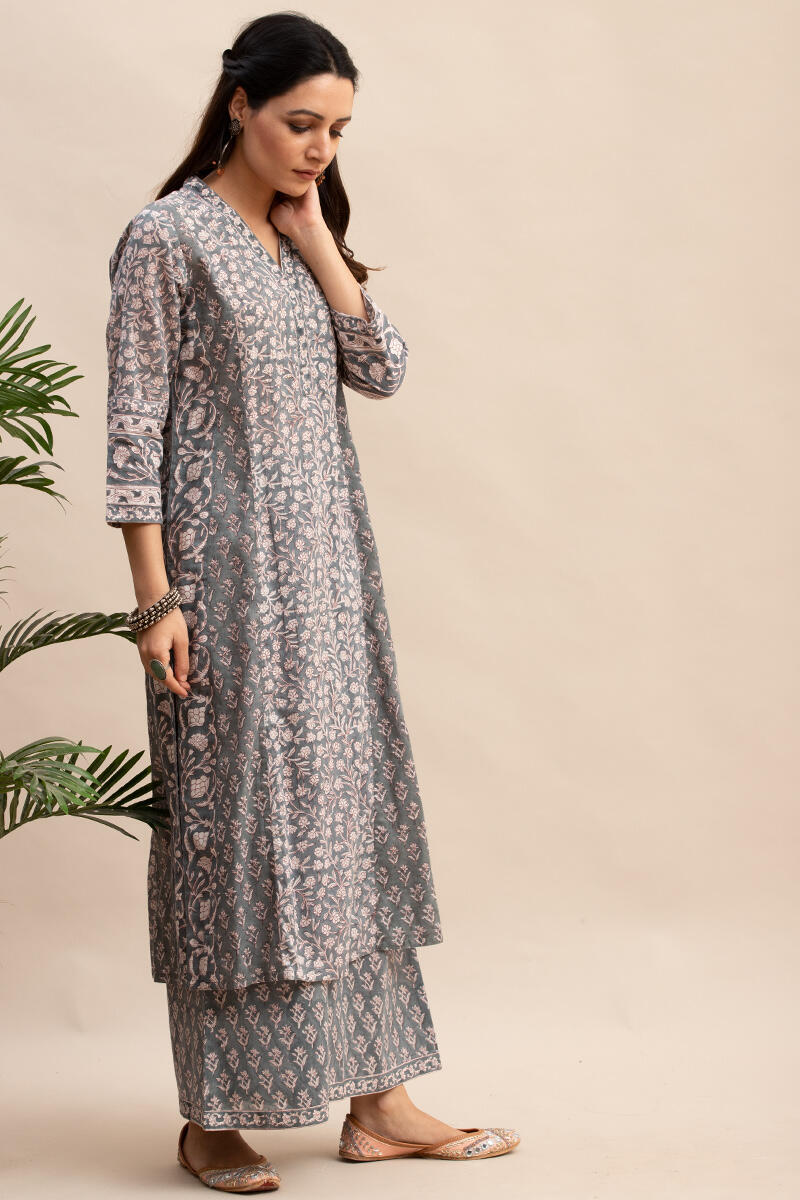 Grey Block Printed Straight Cotton Kurta