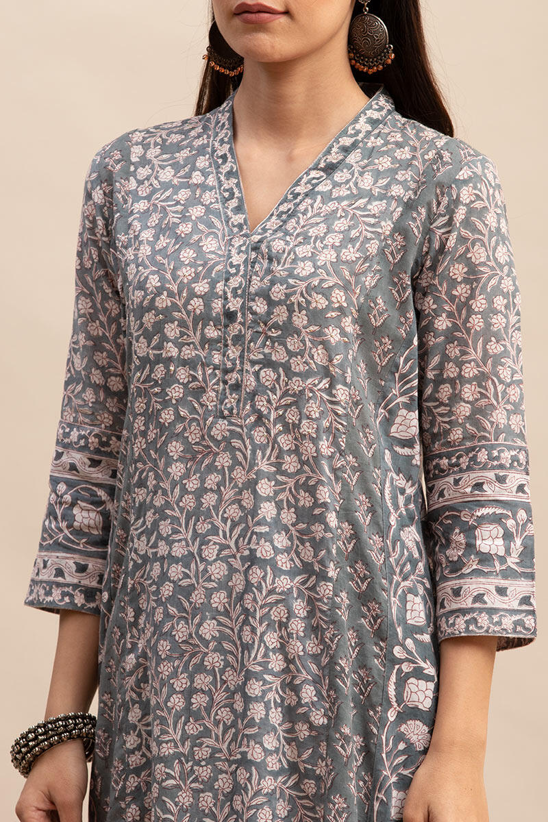 Grey Block Printed Straight Cotton Kurta