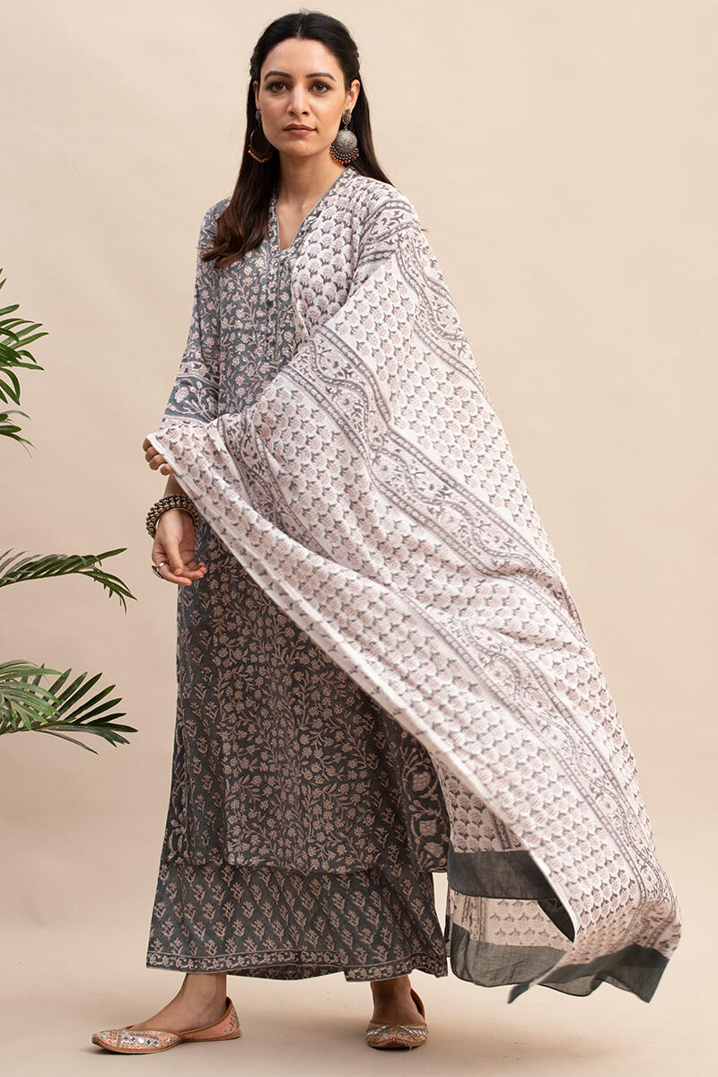 Grey Block Printed Straight Cotton Kurta