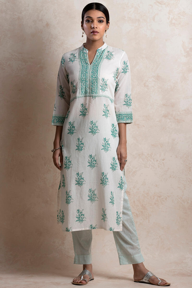 Green Block Printed Straight Cotton Kurta