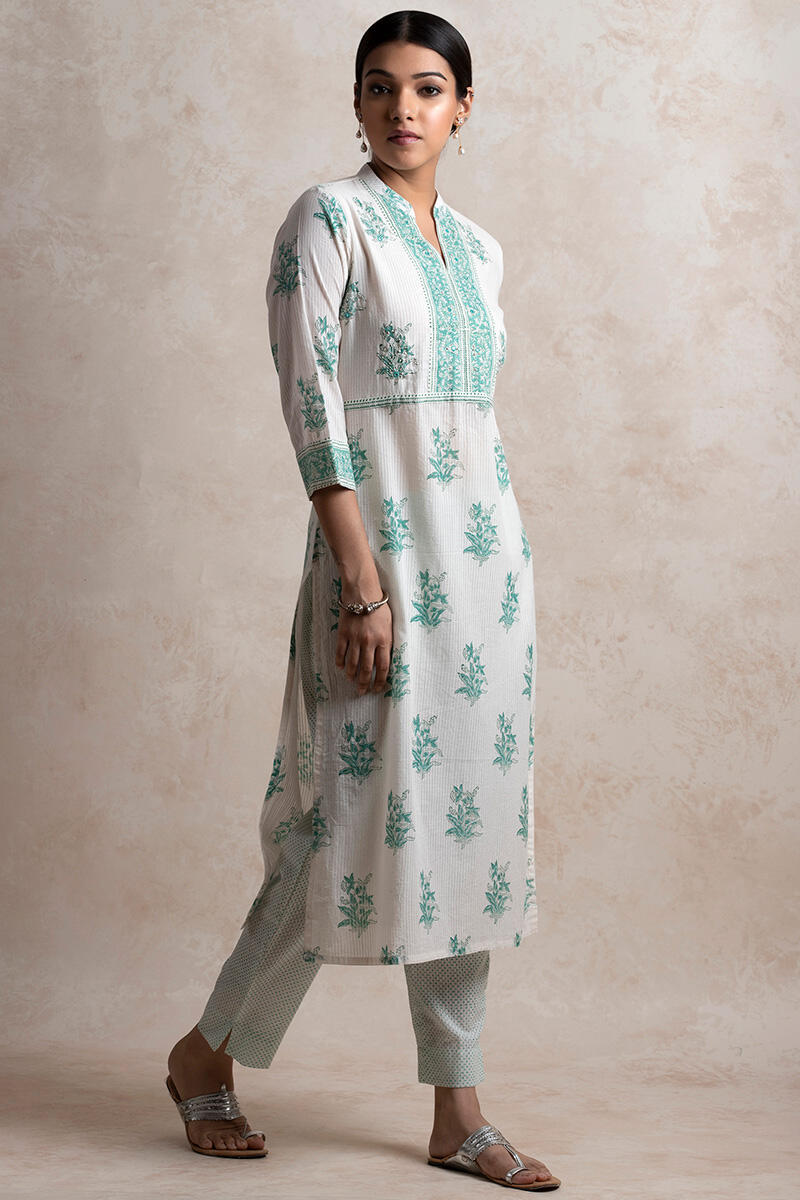 Green Block Printed Straight Cotton Kurta