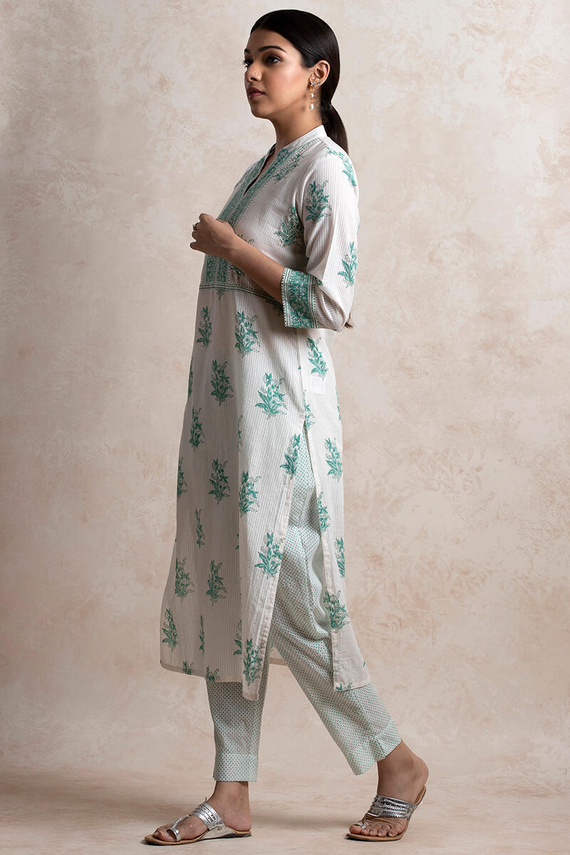 Green Block Printed Straight Cotton Kurta