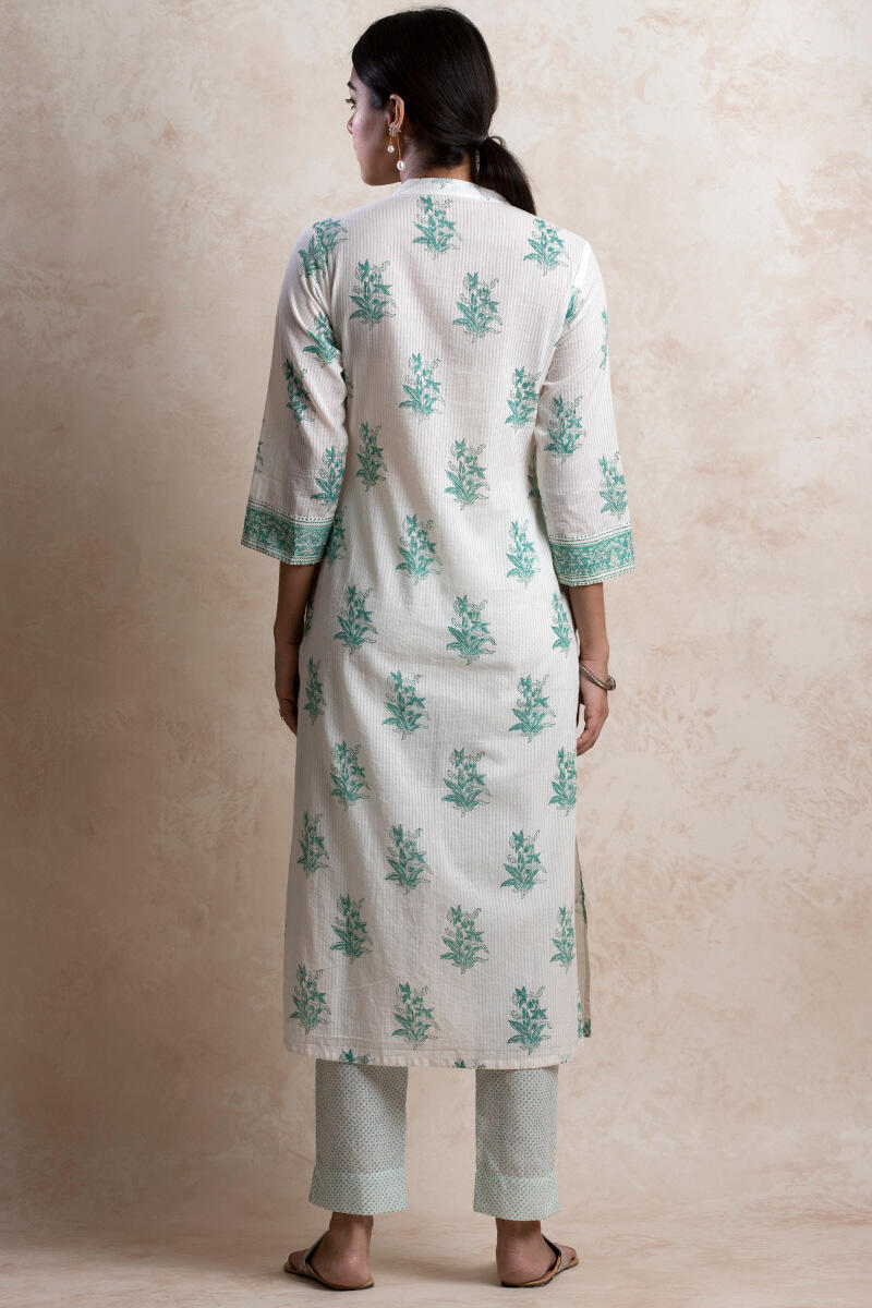 Green Block Printed Straight Cotton Kurta