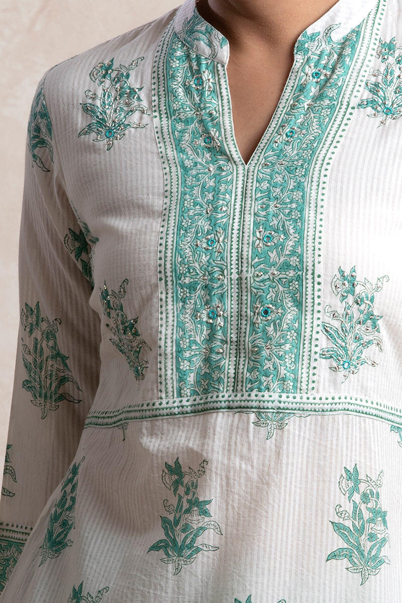 Green Block Printed Straight Cotton Kurta