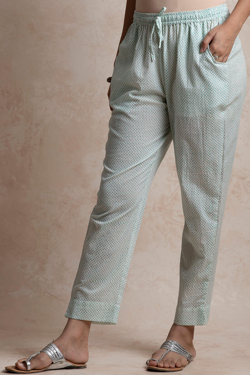 Green Block Printed Cotton Narrow Pants
