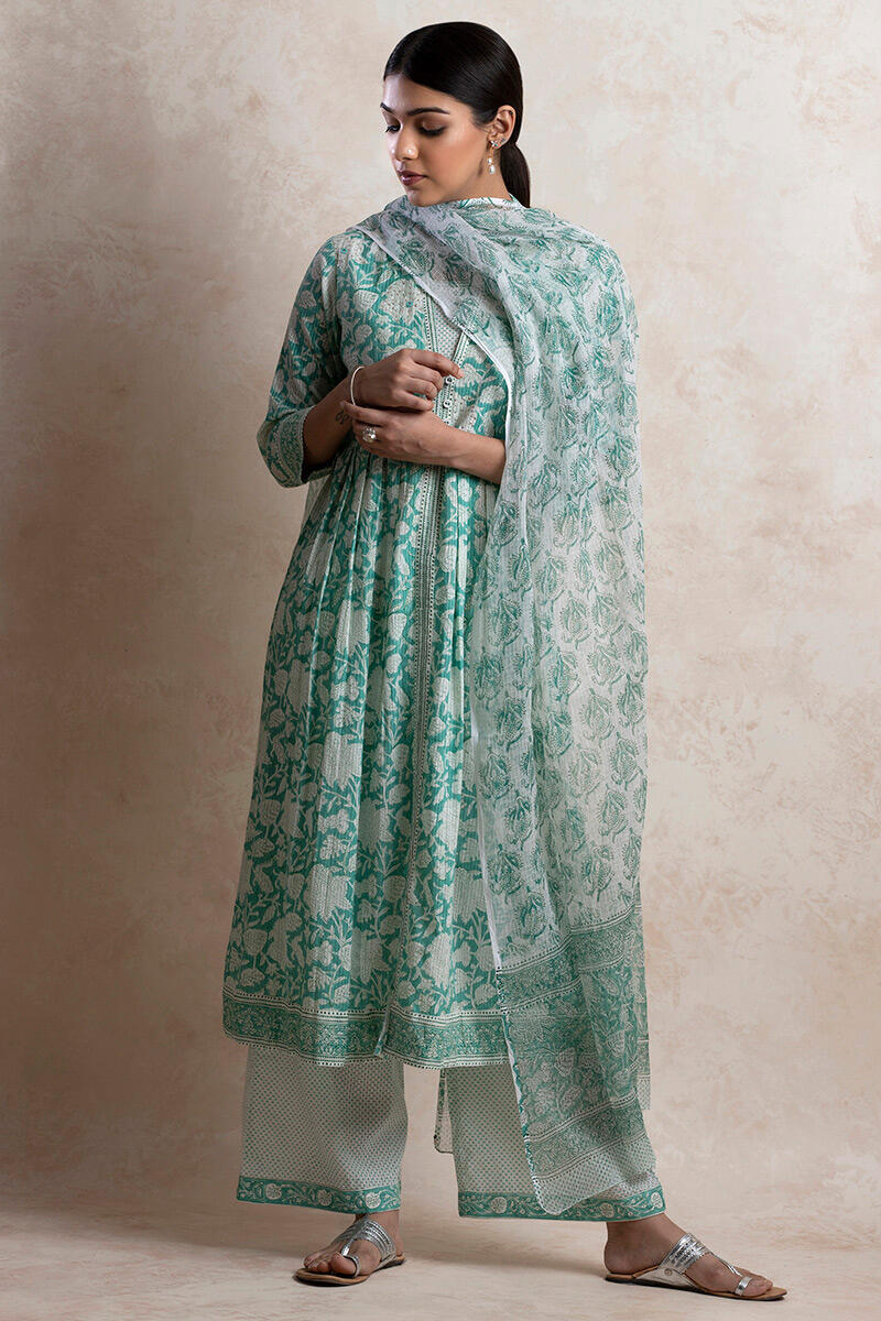 Green Block Printed Cotton Farsi Pants