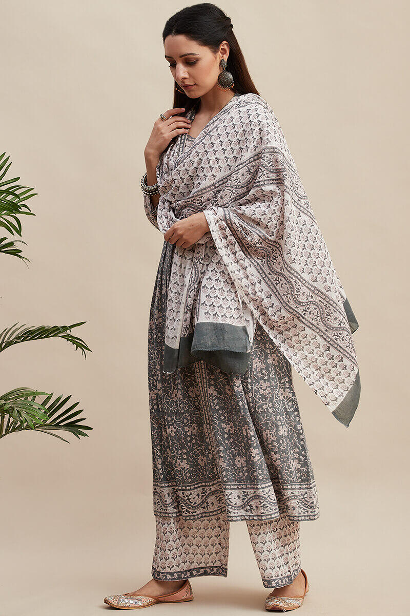 Grey Block Printed Cotton Dupatta