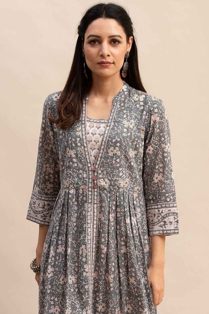 Grey Block Printed A-line Cotton Kurta