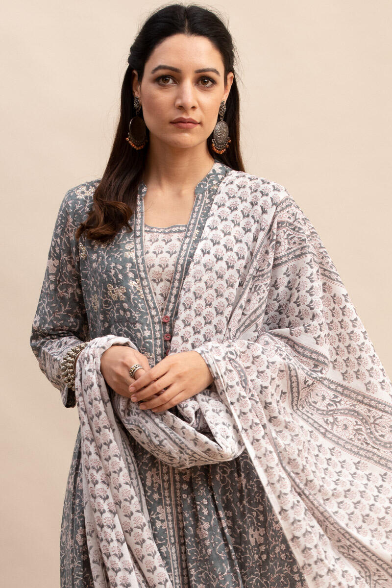 Grey Block Printed A-line Cotton Kurta