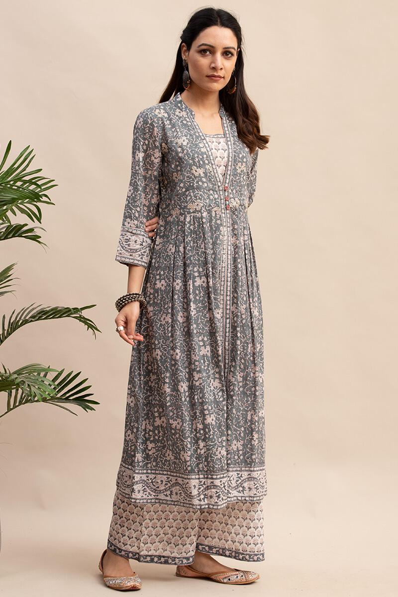 Grey Block Printed A-line Cotton Kurta