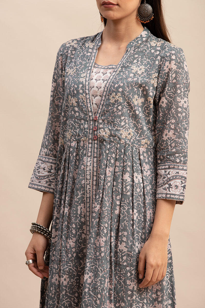 Grey Block Printed A-line Cotton Kurta