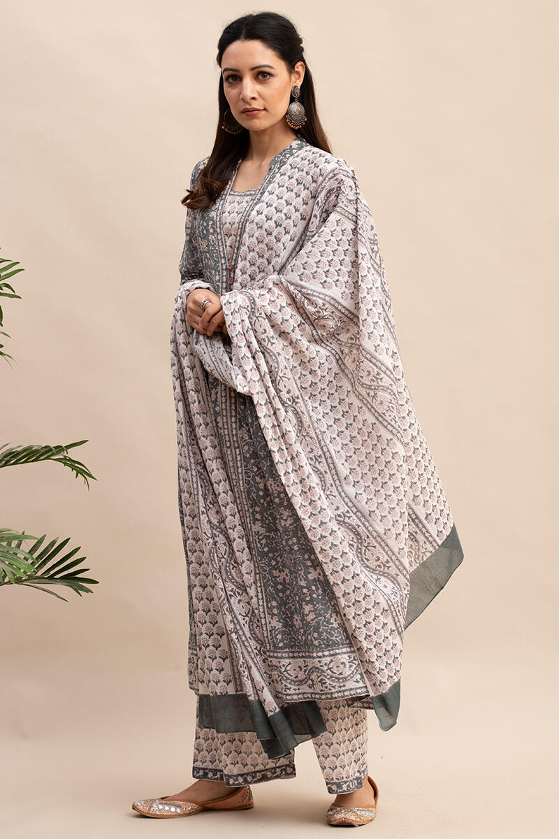 Grey Block Printed A-line Cotton Kurta