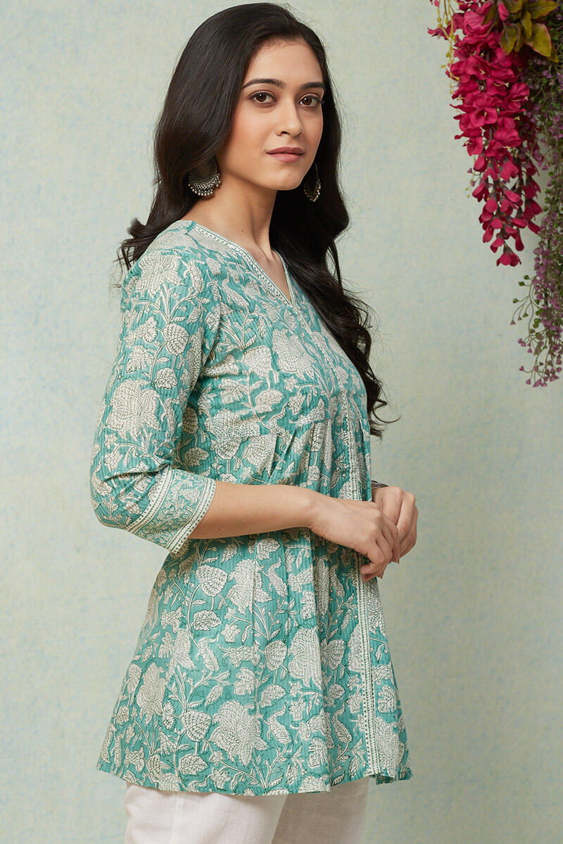 Turquoise Block Printed Cotton Kurti
