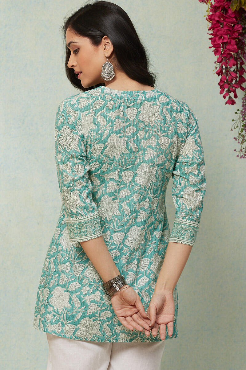 Turquoise Block Printed Cotton Kurti