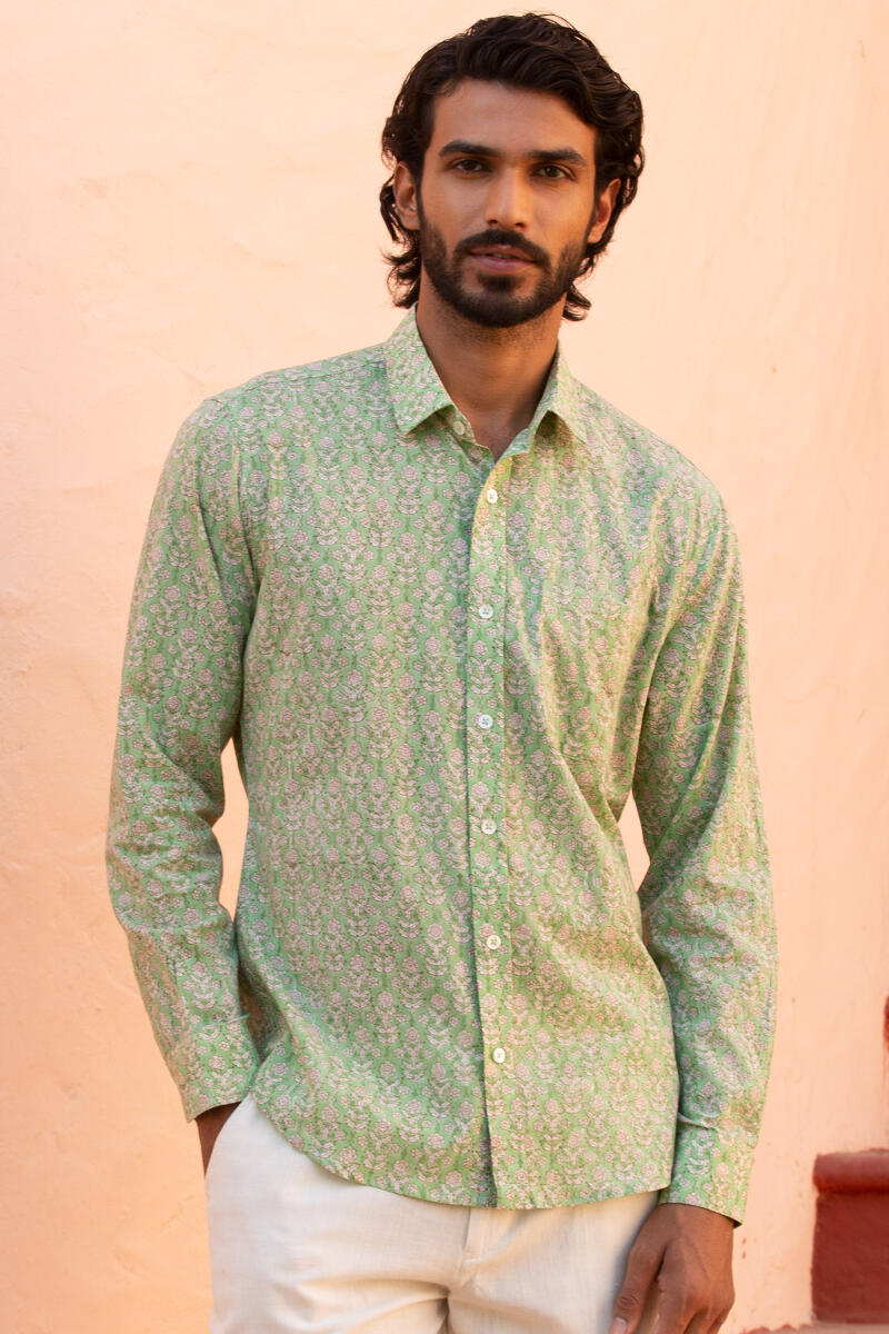 Green Block Printed Cotton Shirt