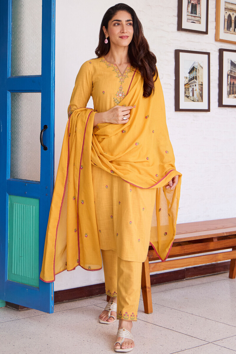 Mustard Handcrafted Straight Gauze Slub Kurta