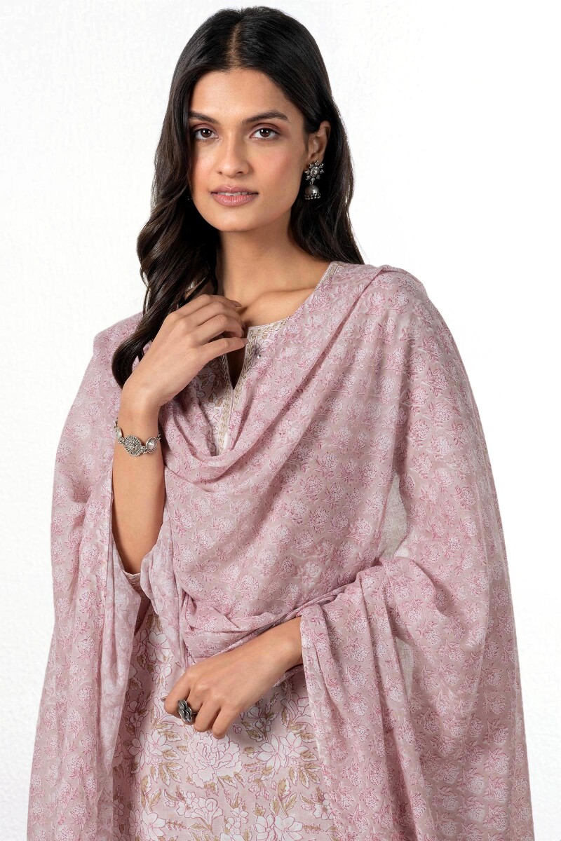 Pink Block Printed Cotton Dupatta