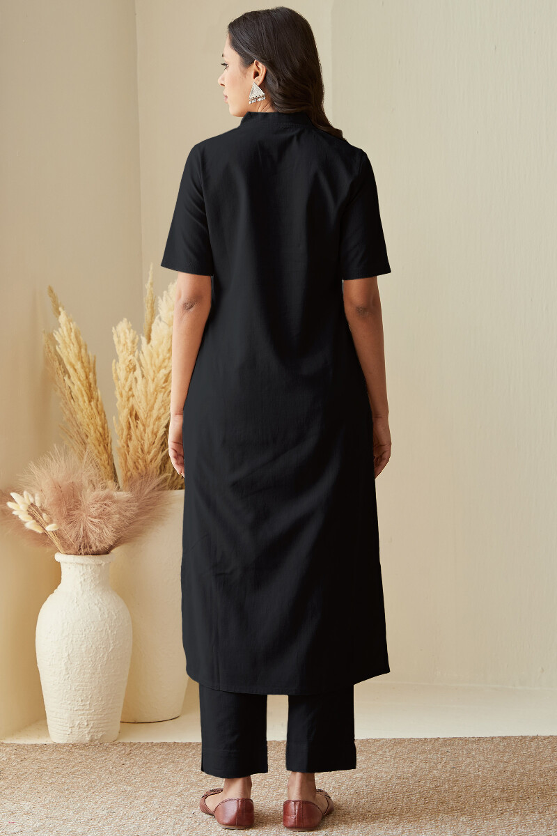 Black Handcrafted Straight Cotton Flax Kurta