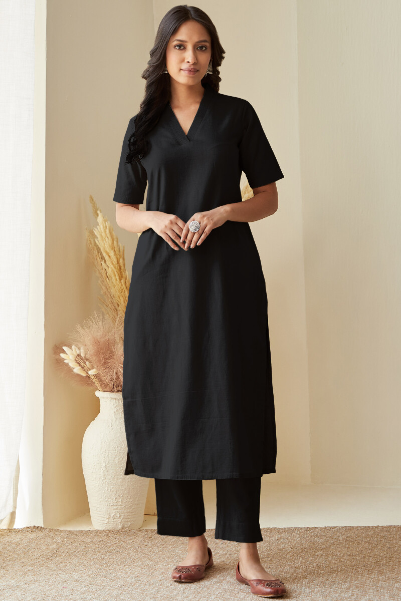 Black Handcrafted Straight Cotton Flax Kurta