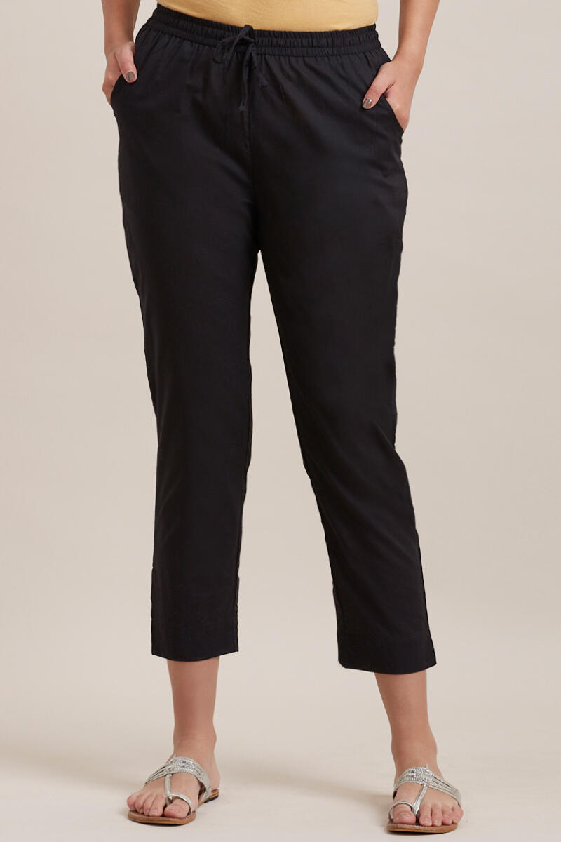 Black Handcrafted Cotton Narrow Pants