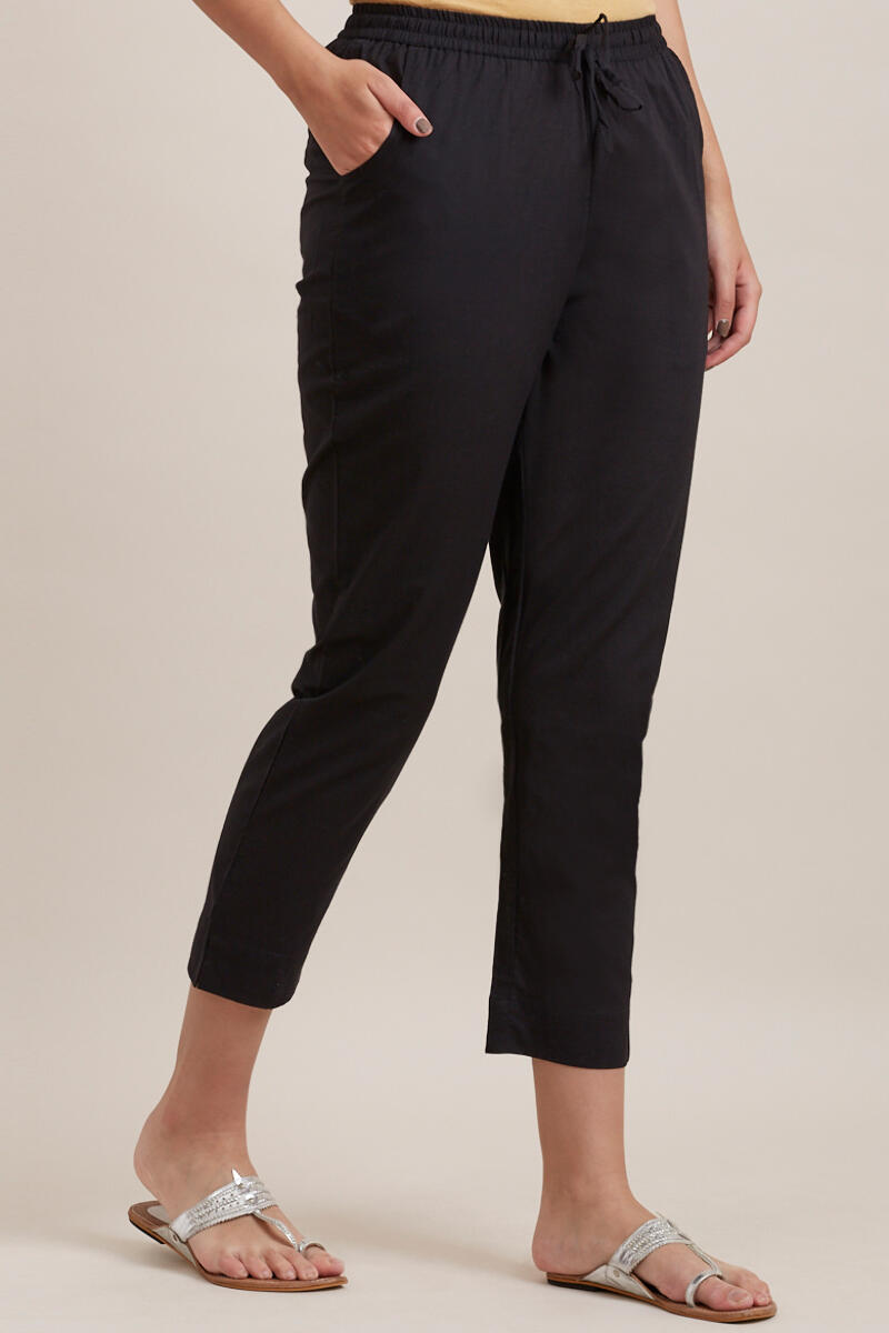 Black Handcrafted Cotton Narrow Pants