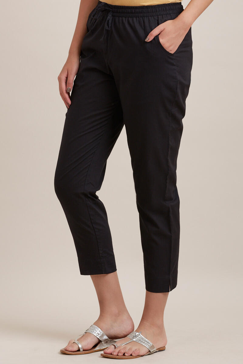 Black Handcrafted Cotton Narrow Pants