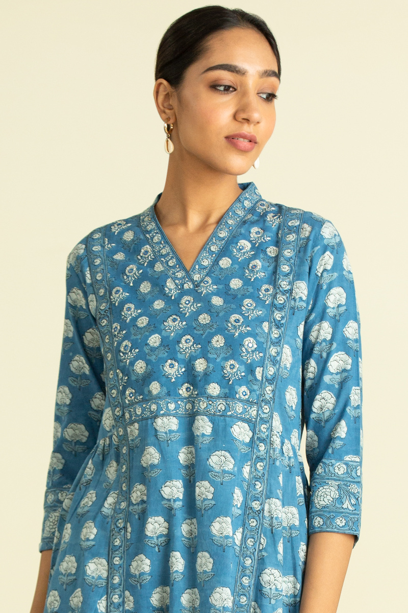 Indigo Block Printed A-Line Cotton Kurta