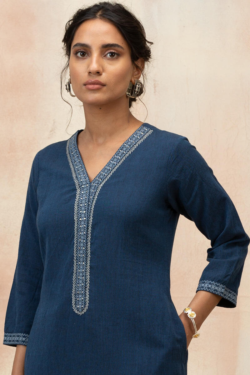 Blue Handcrafted Straight Cotton Kurta