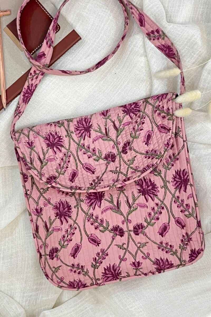 Pink Hand Block-Printed Cotton Crossbody Bag