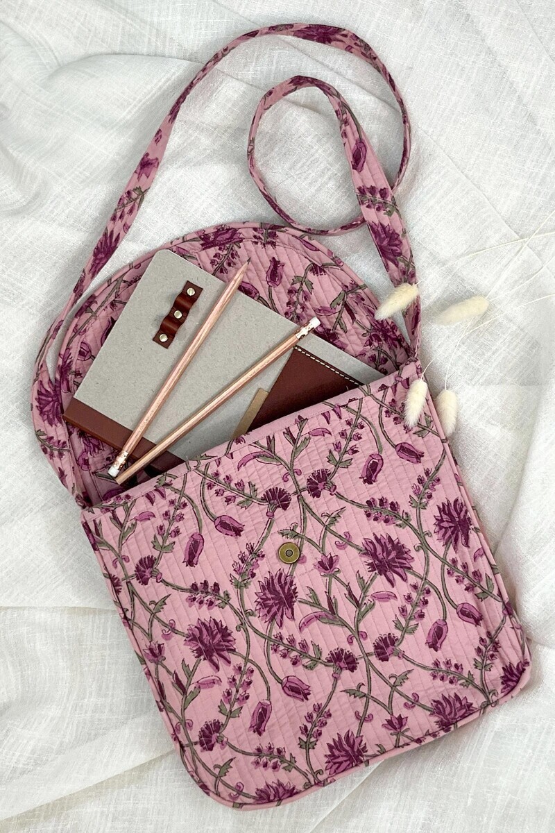 Pink Hand Block-Printed Cotton Crossbody Bag