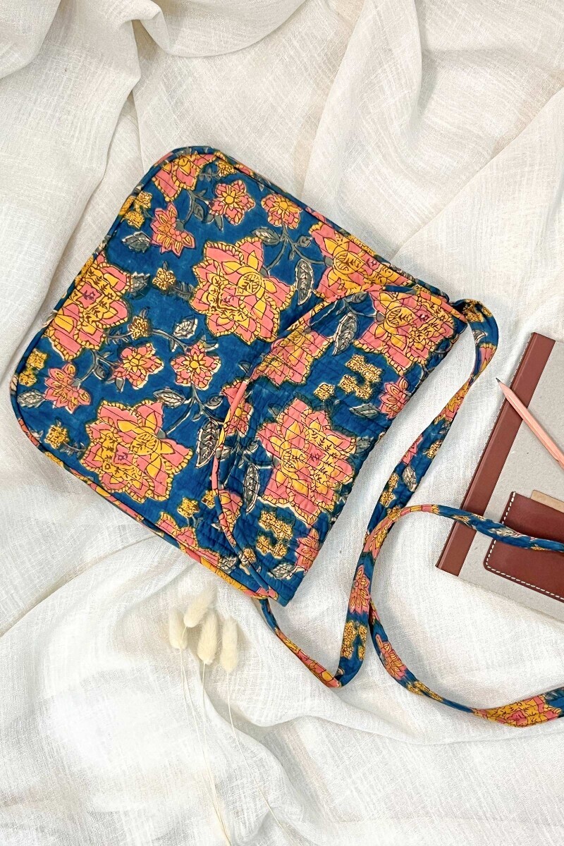 Blue Hand Block-Printed Cotton Crossbody Bag