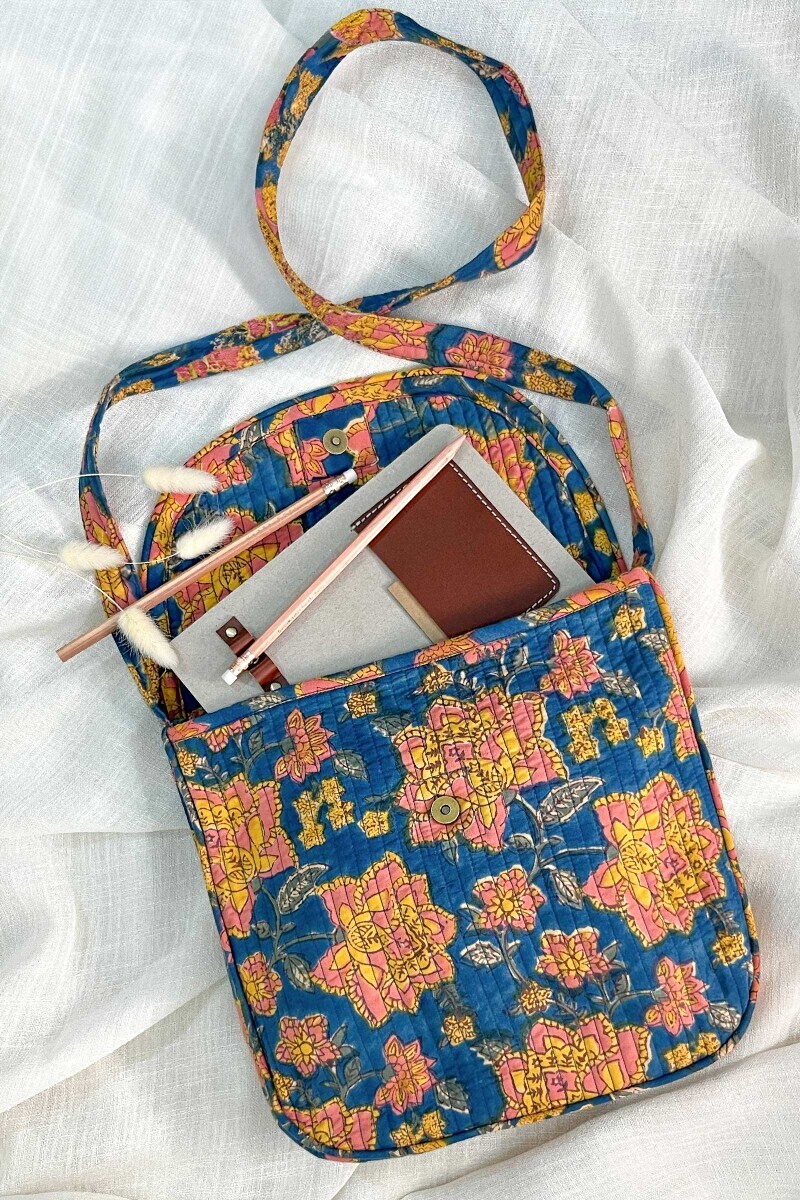 Blue Hand Block-Printed Cotton Crossbody Bag