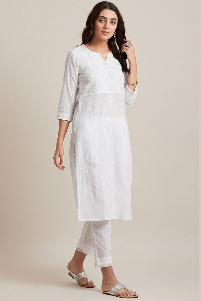 White Handcrafted Straight Cotton Kurta