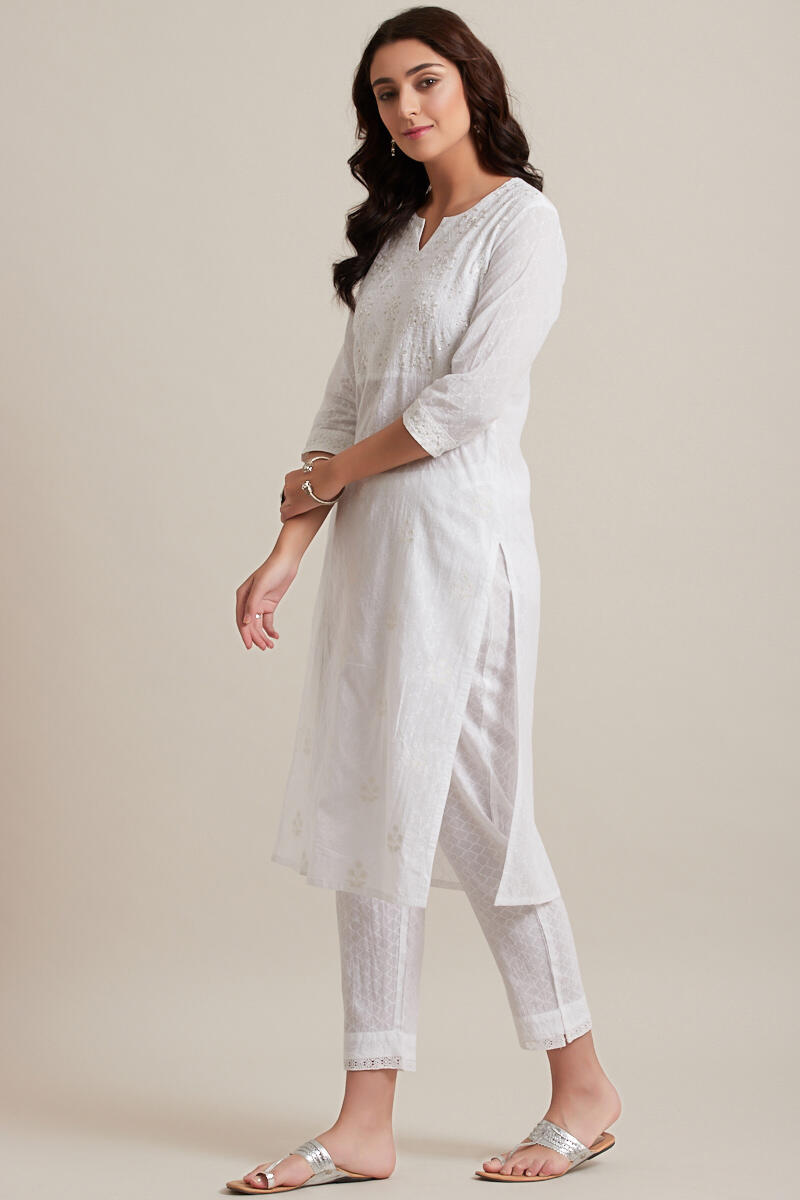 White Handcrafted Straight Cotton Kurta