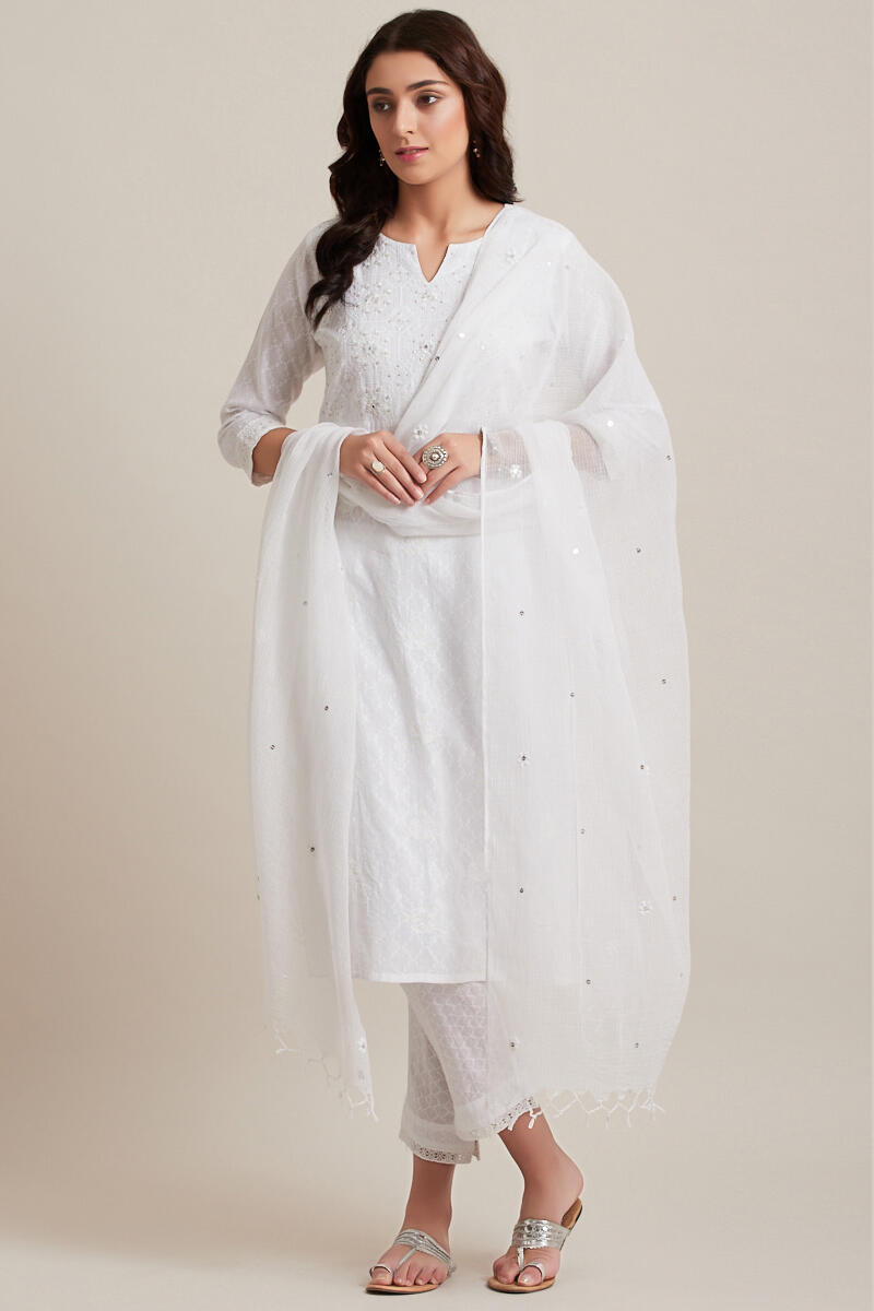 White Handcrafted Straight Cotton Kurta