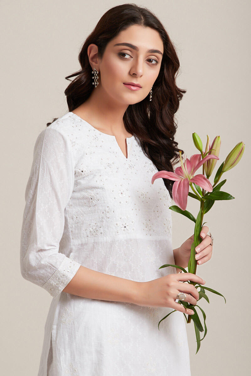 White Handcrafted Straight Cotton Kurta