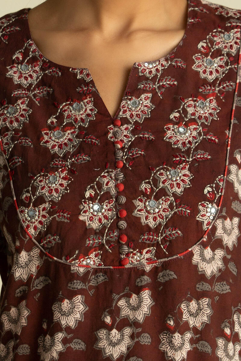 Maroon Block Printed Straight Cotton Kurta