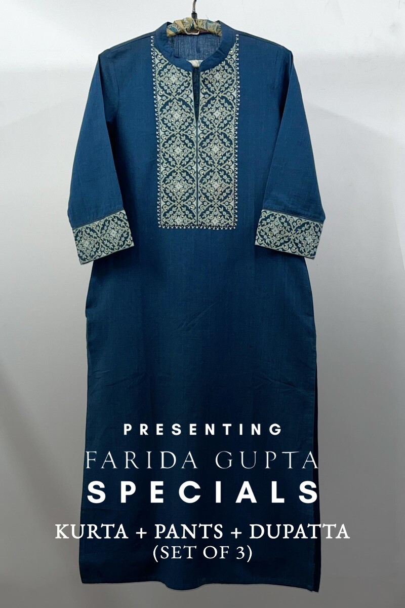 Blue Embroidered Cotton Kurta, Pants & Dupatta