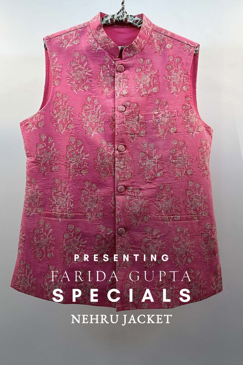 FG Specials: 1 of 1-Pink Block Printed Nehru Jacket- Size M