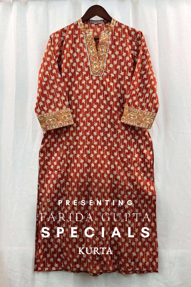 FG Specials: 1 Of 1- Red Hand Block-Printed Straight Cotton Kurta