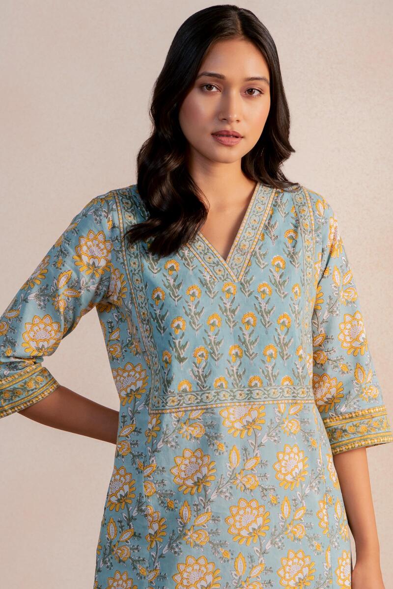 Blue Block Printed Cotton Kaftan