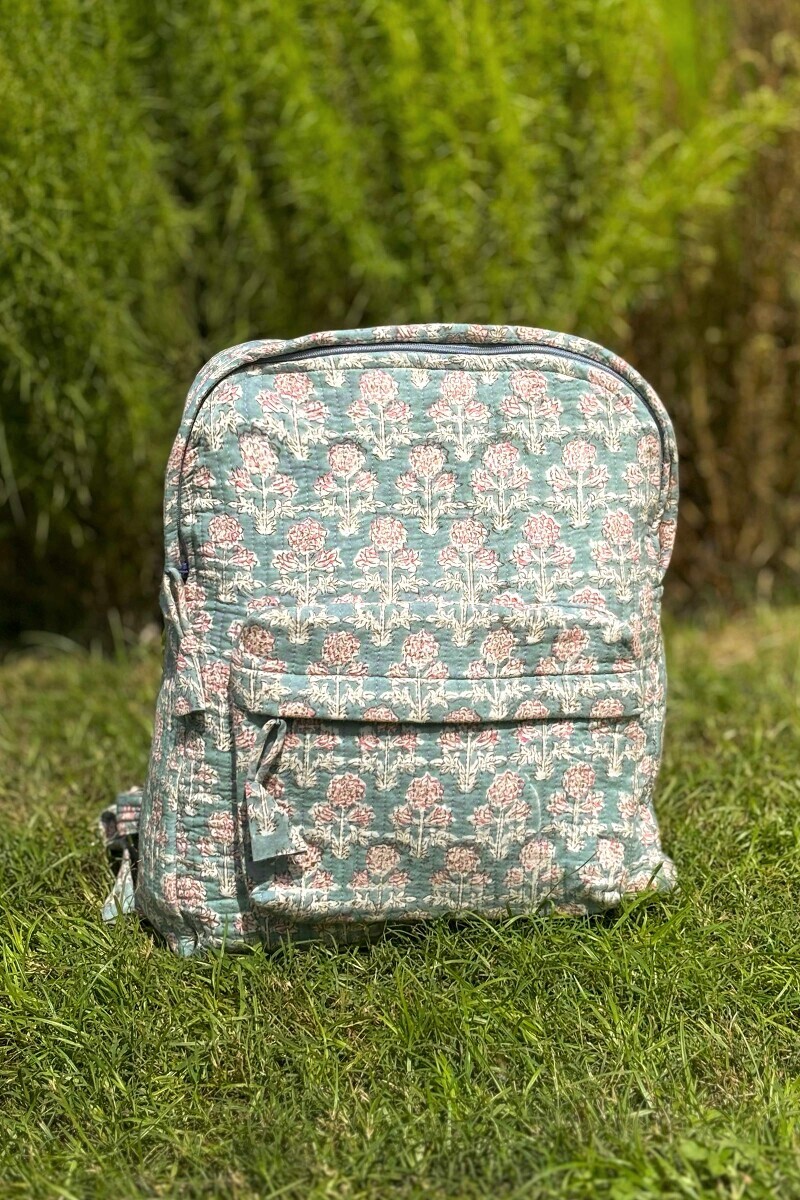 Grey Hand Block Printed Cotton Backpack
