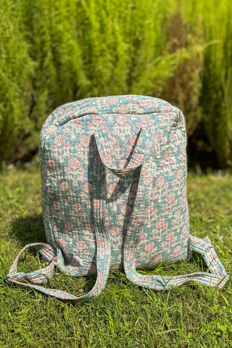 Grey Hand Block Printed Cotton Backpack