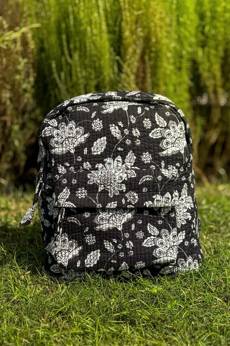 Black Hand Printed Cotton Backpack