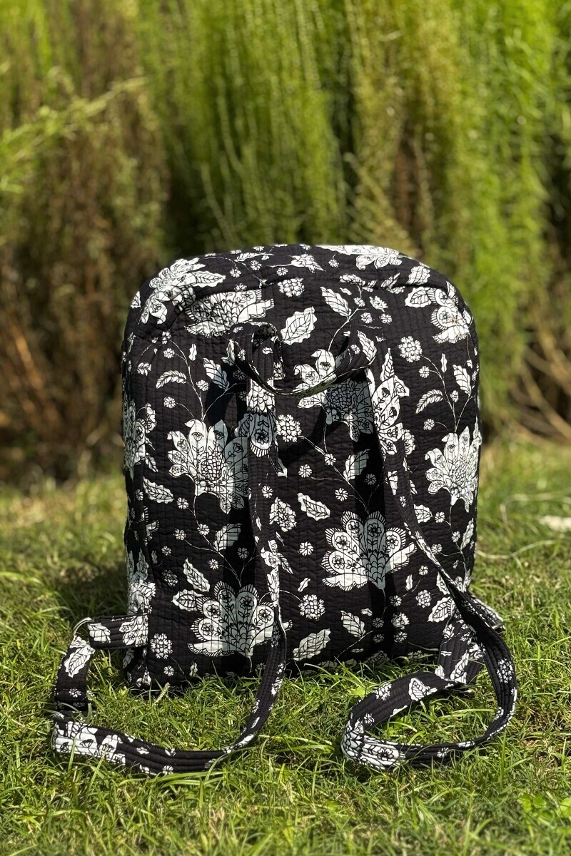 Black Hand Printed Cotton Backpack