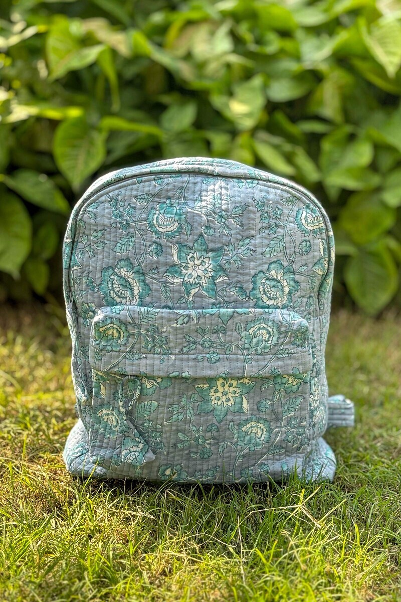 Grey Hand Block Printed Cotton Backpack