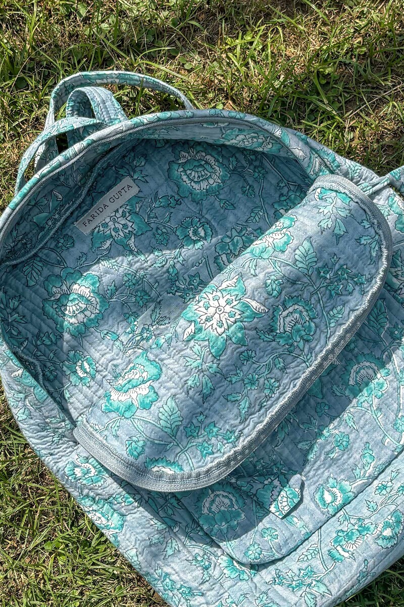 Grey Hand Block Printed Cotton Backpack