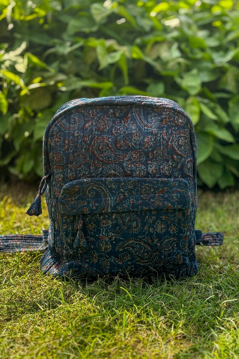 Blue Hand Block Printed Cotton Dobby Backpack